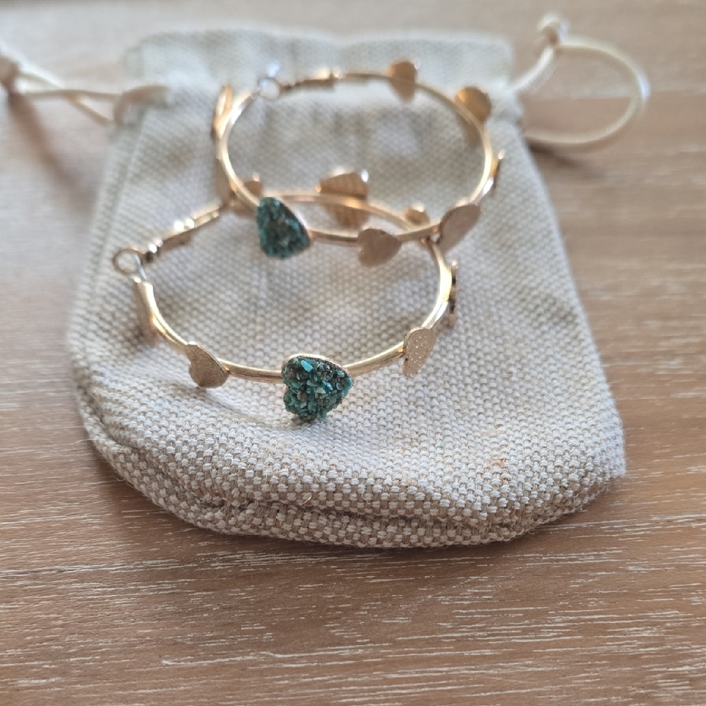 Chic Gold Hoop Earrings with Teal Heart Charms